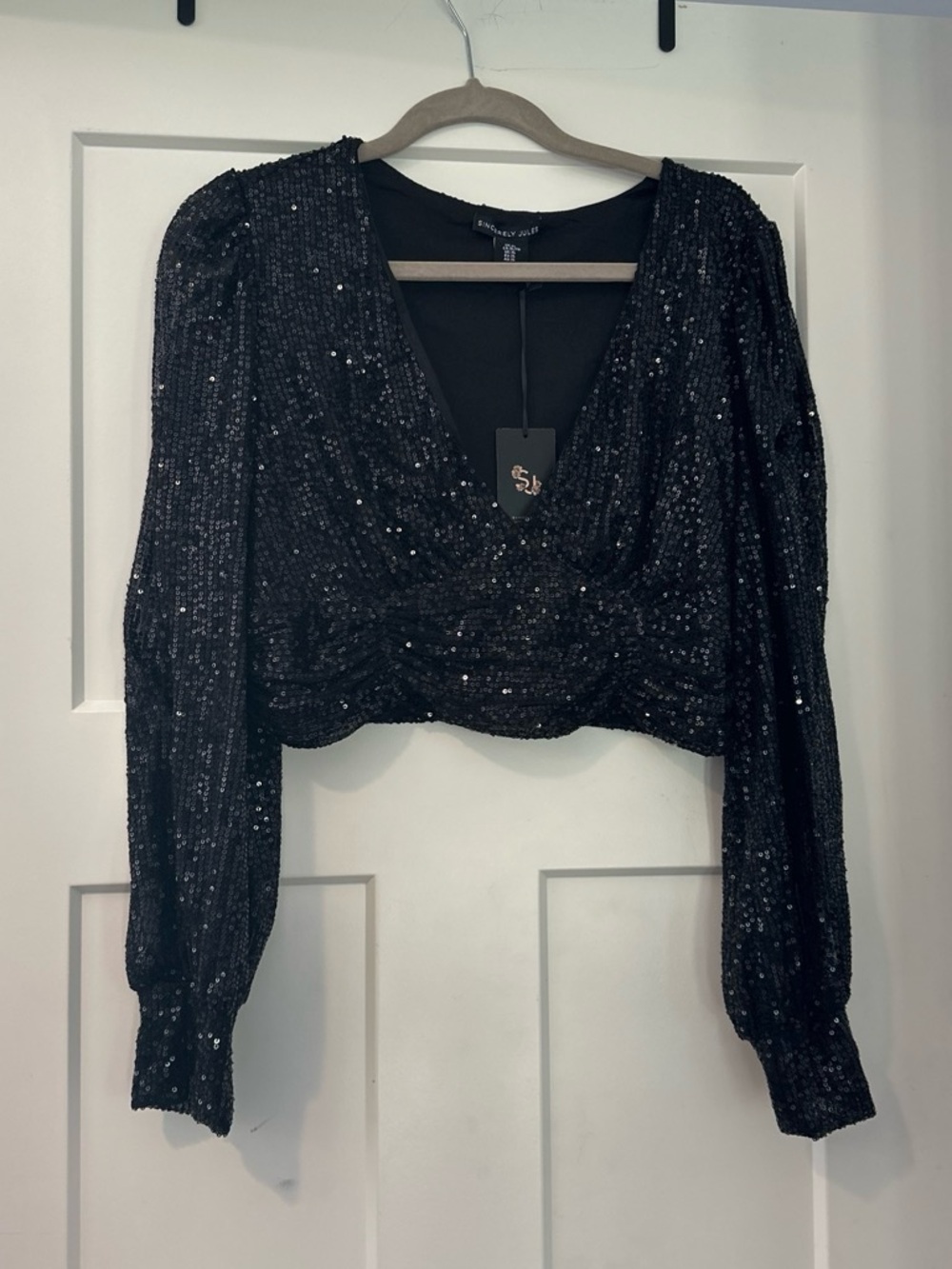 Sincerely Jules Black Sequin V-Neck Long Sleeve Crop Top